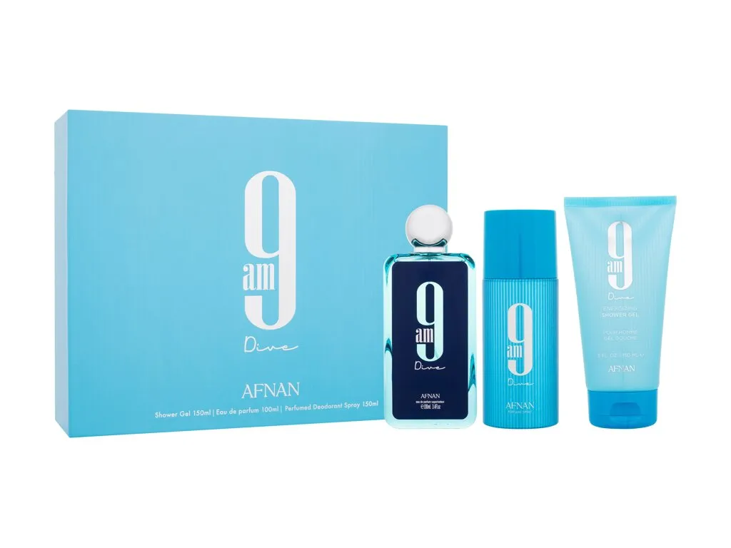 Estuche Afnan 9 am Dive EDP 100ml + Deo 150ml + Shower Gel 150ml Hombre